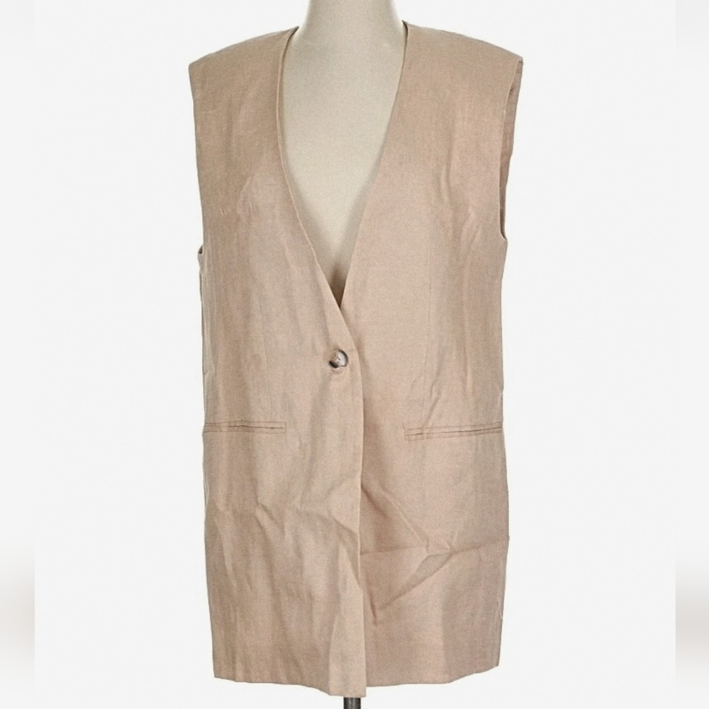 Zara 100% LINEN VEST LONG Beige Size S New - Picture 10 of 11